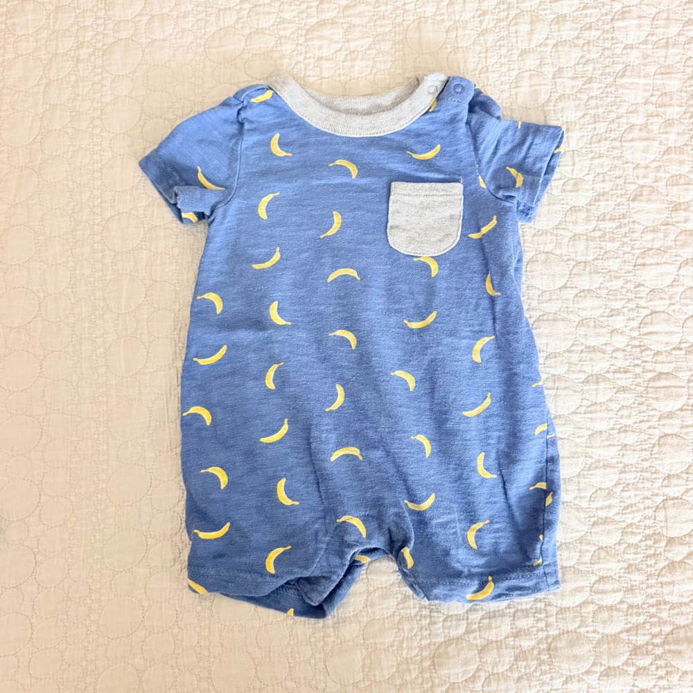 Baby Gap Blue Banana Print Short Sleeve Romper 3-6 Months Slub Knit One Piece
